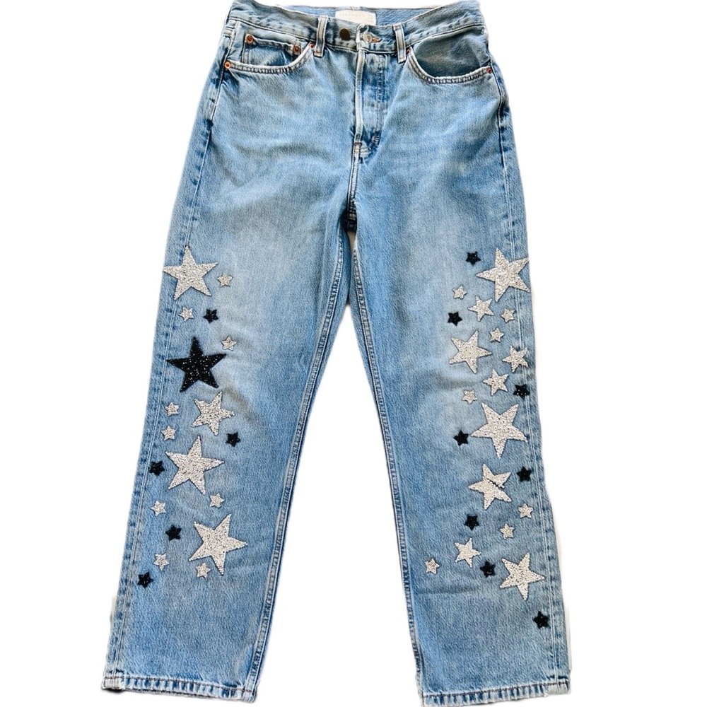 Topshop Custom buttonfly Jeans SZ 28  reworked black & silver crystal like stars